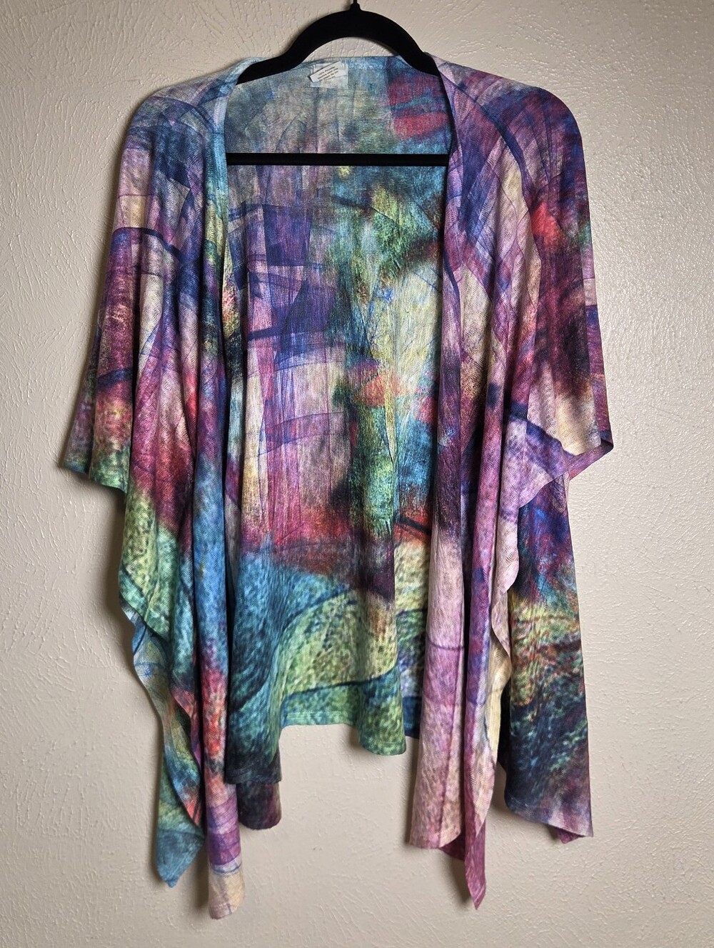 Et Lois Artsy Painted Water Color Open Front Waterfall Cardigan Sweater Wrap